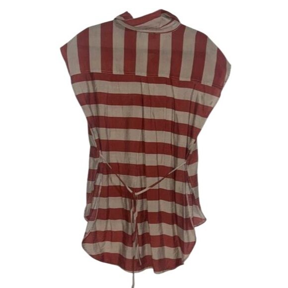 Feathers Red & Beige Striped Short Sleeve Button-Up Blouse With Tie Waist - Size - Picture 6 of 7